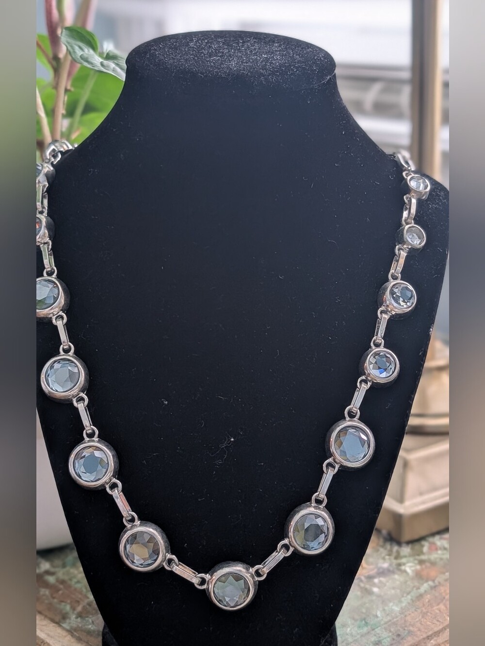 Coldwater Creek Silver Tone With Grey/Smoky Blue Rhinestone Station Necklace - Picture 5 of 11